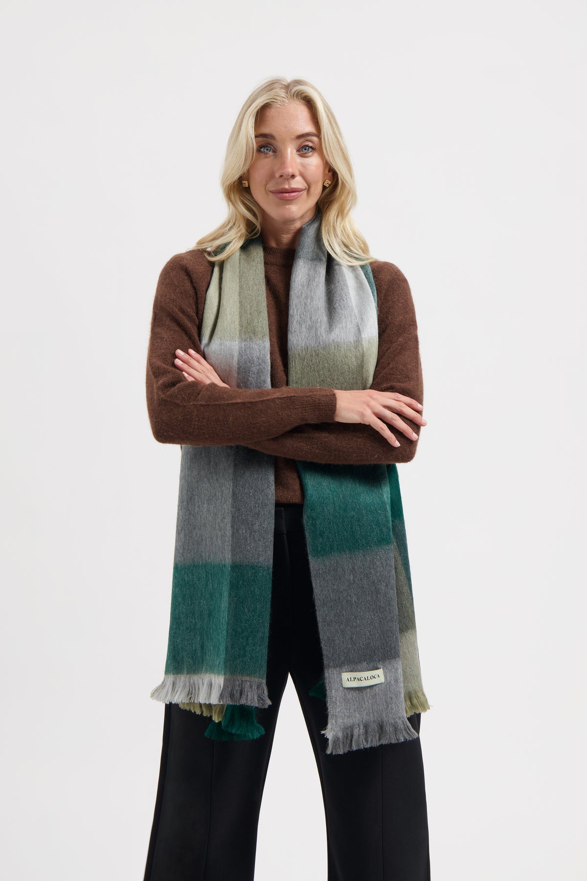 Scarf Blocked Bottle Green, Cigar & Grey