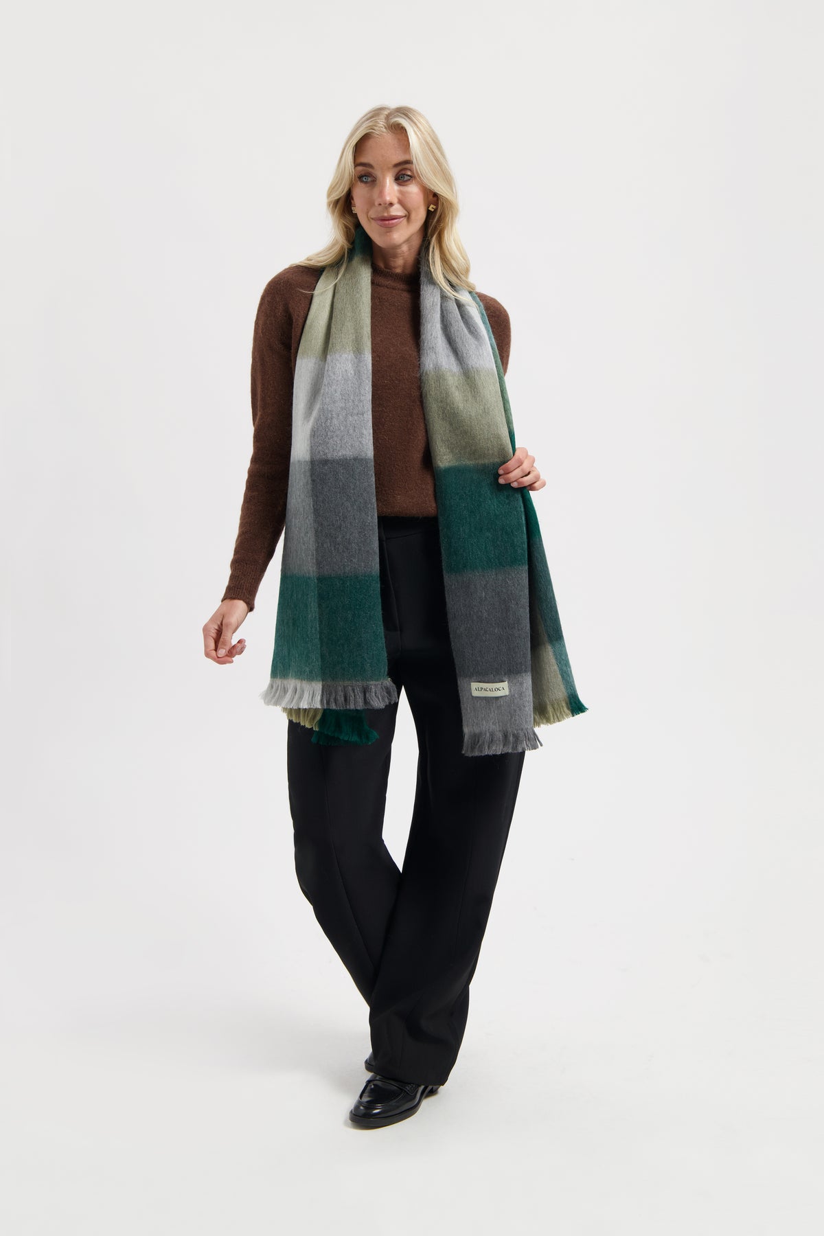 Scarf Blocked Bottle Green, Cigar & Grey