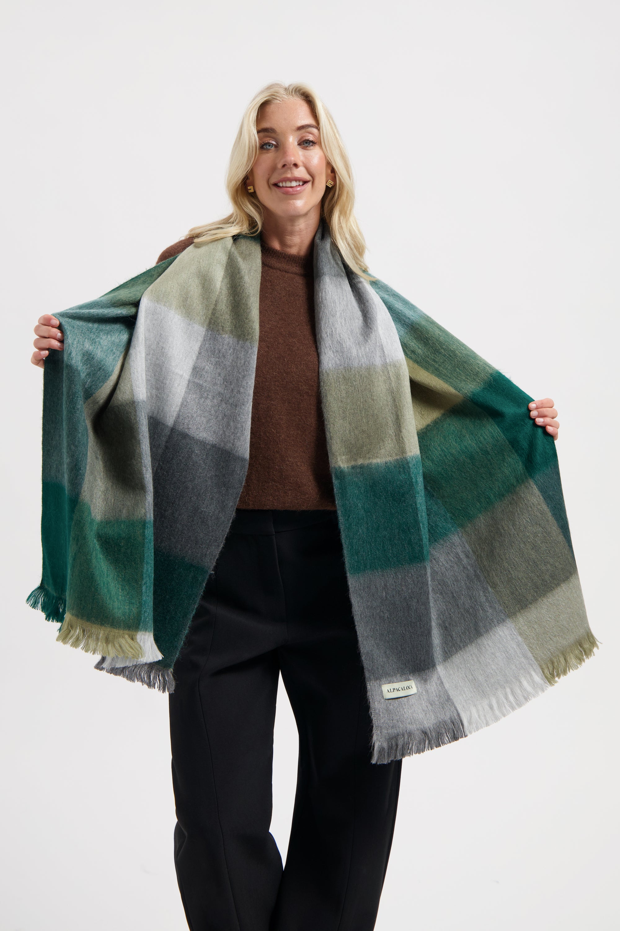 Scarf Blocked Bottle Green, Cigar & Grey